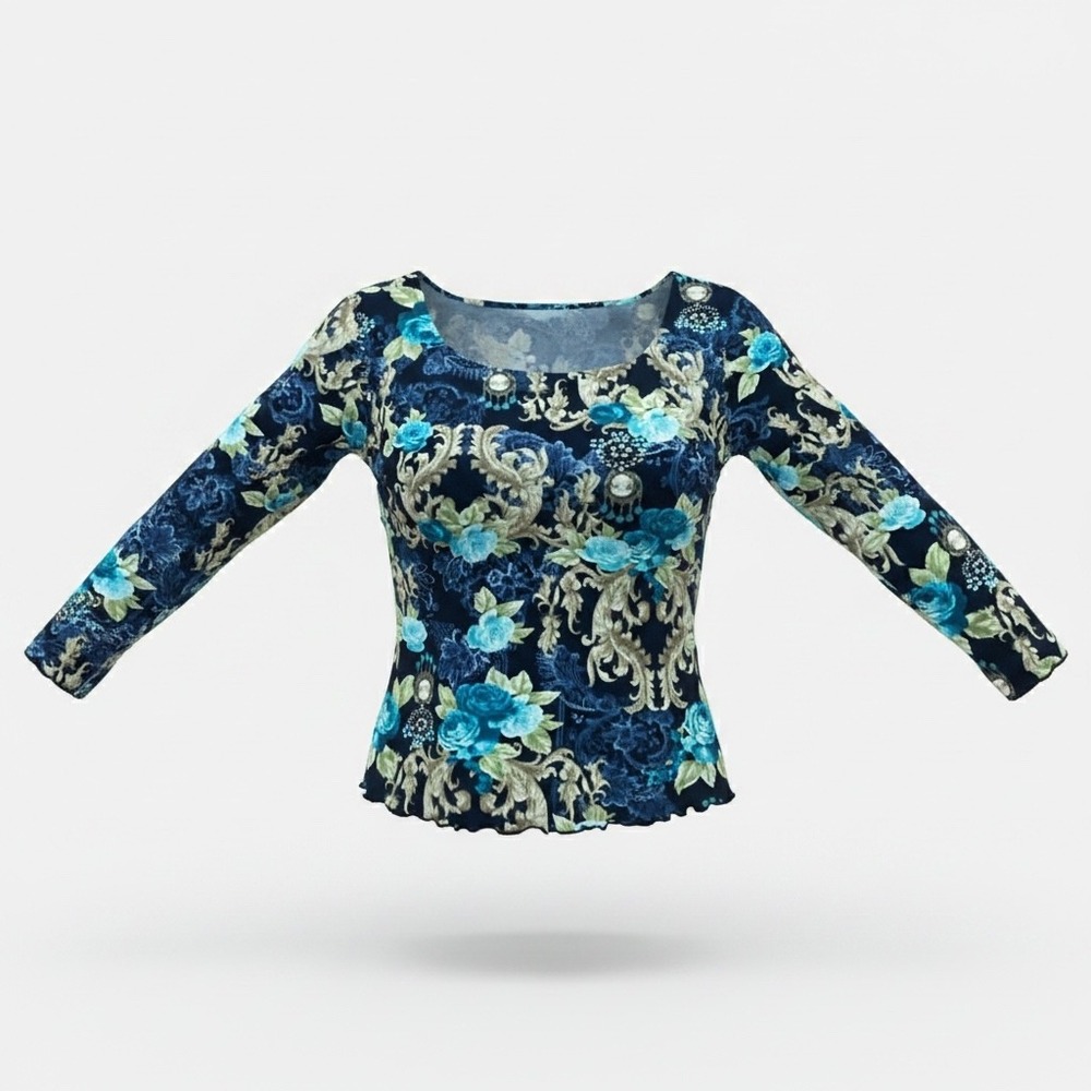 White Stag Women Baroque Blue Floral Mesh Long Sleeve Lined Blouse Top Medium